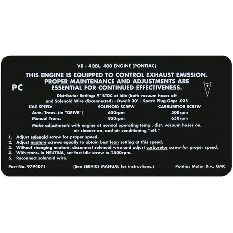Decal 68 Pontiac Emissions 400 4V PC