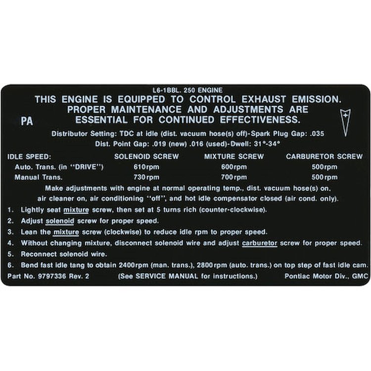 Decal 69 Pontiac Emissions 250 1 bbl PA