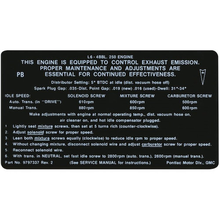 Decal 69 Pontiac Emissions 250-4V PB