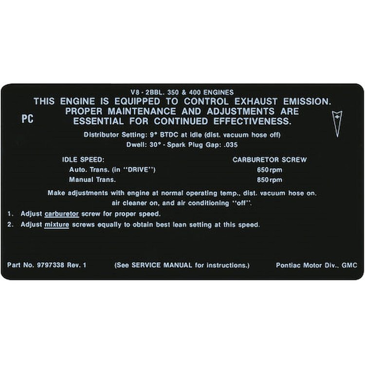 Decal 69 Pontiac Emissions 350/400 2V PC
