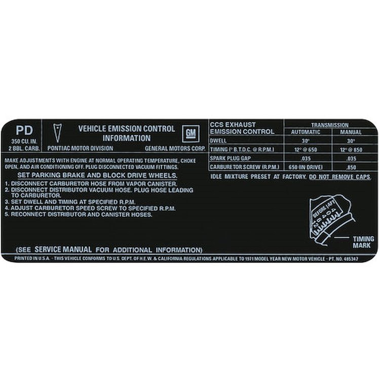 Decal 71 Pontiac Emissions 350 2V PD
