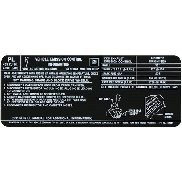 Decal 71 Pontiac Emissions 455-4V AT US/CAL PL