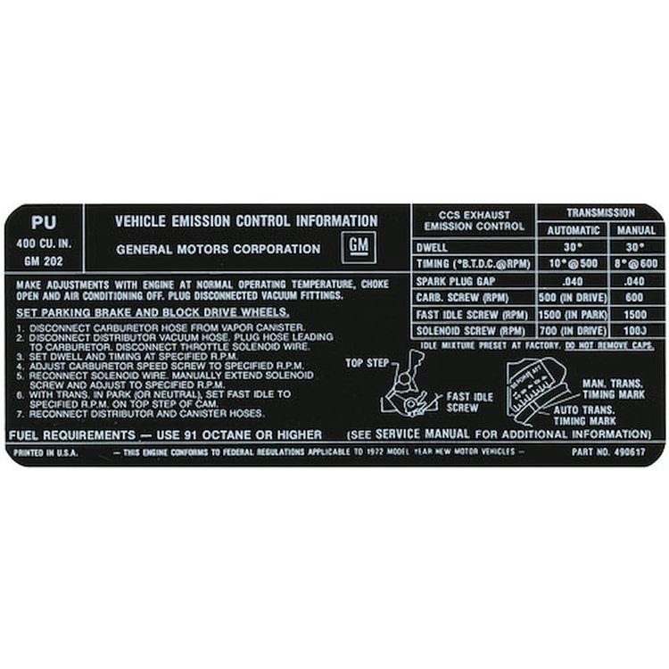 Decal 72 Pontiac Emissions 400-2V US PU 490617