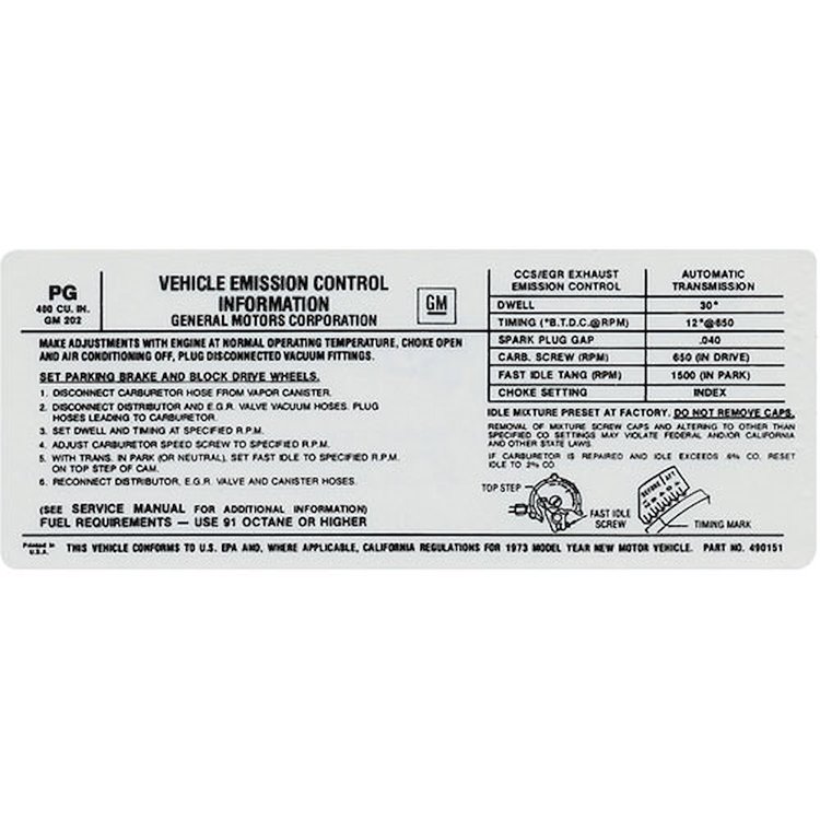 Decal 73 Pontiac Emissions 400 AT PG 490151