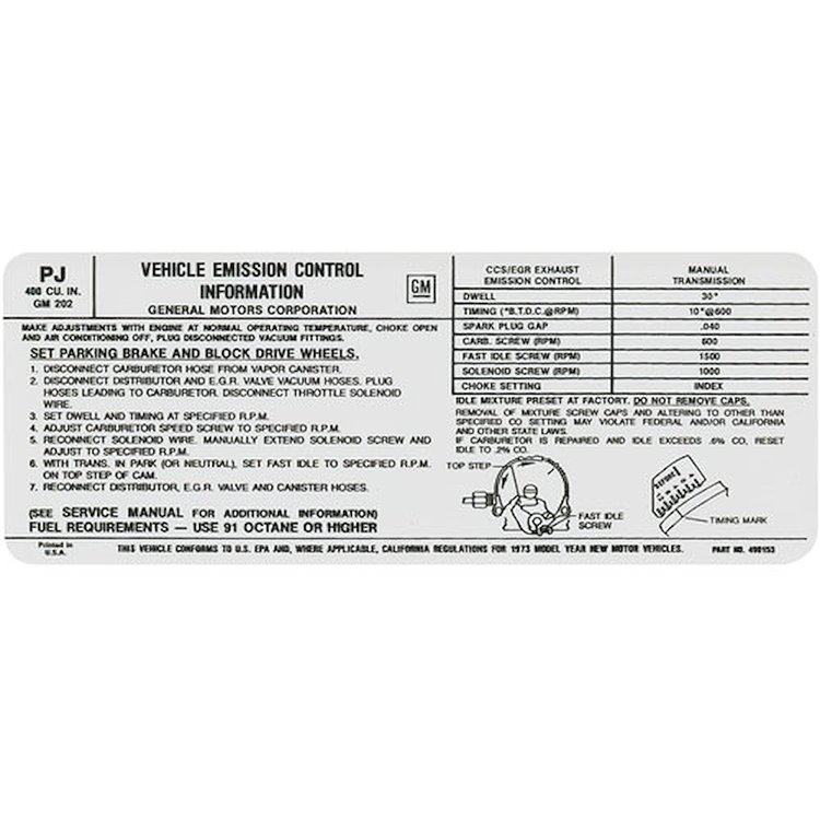 Decal 73 Pontiac Emissions 400 MT PJ 490153