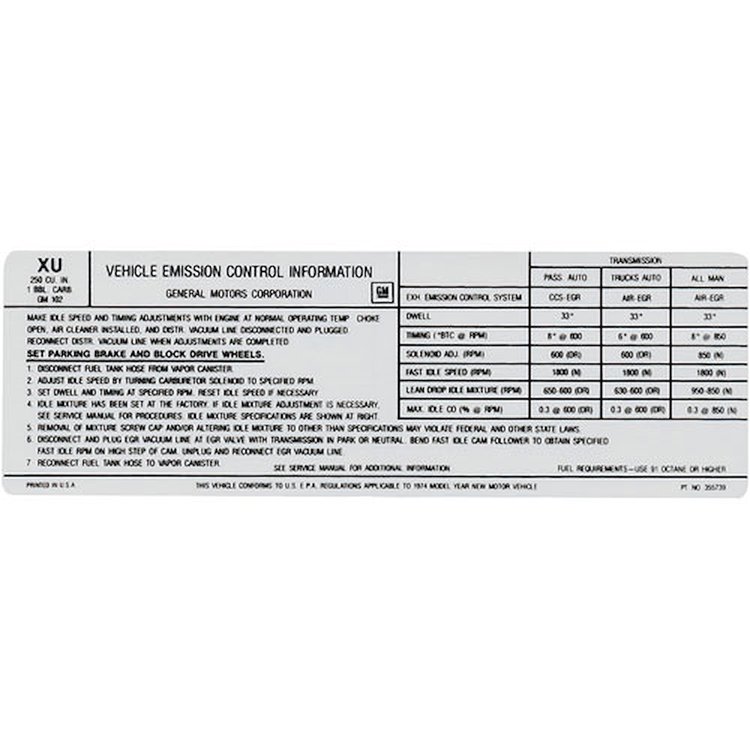 Decal 74 Pontiac Emissions 250 1V XU 355739