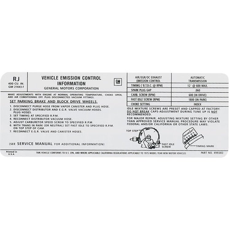 Decal 75 Pontiac Emissions 400 4V AT RJ 499383