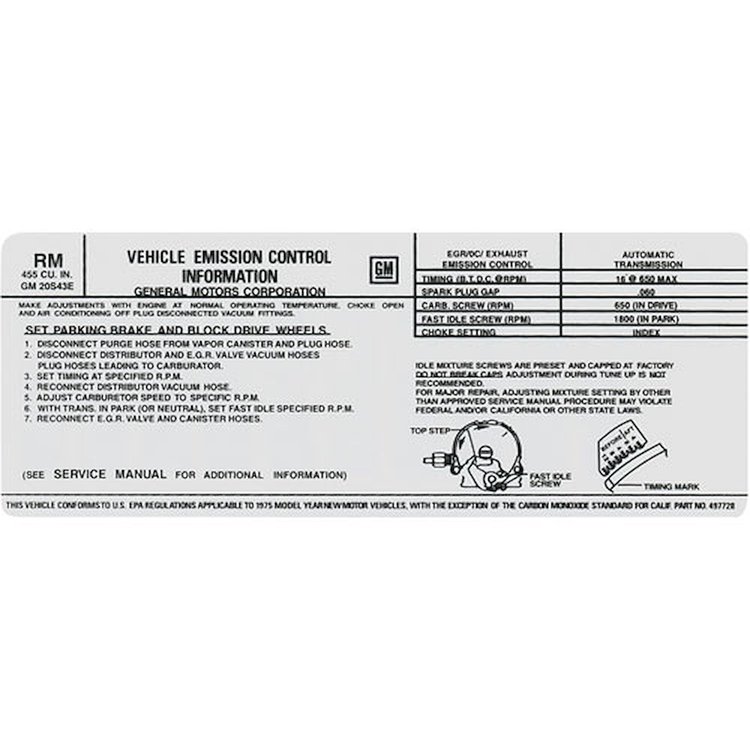 Decal 75 Pontiac Emissions 455 4V AT RM 497722