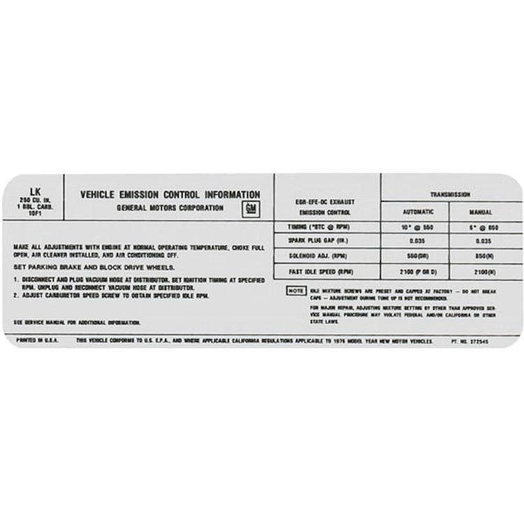 Decal 76 Pontiac Emissions 250 US LK 372545