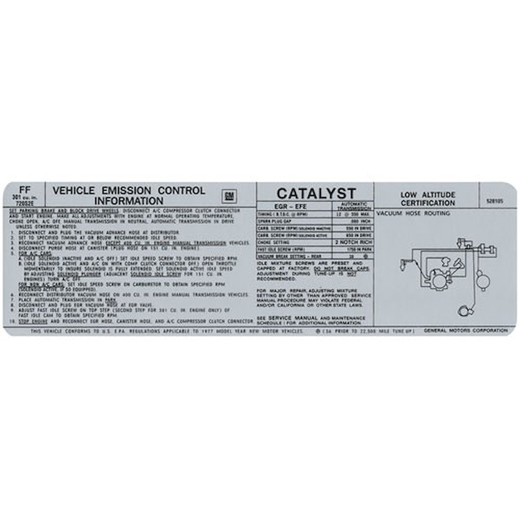 Decal 77 Pontiac Emissions 301 FF 528105