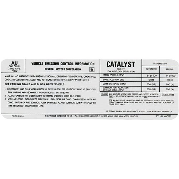 Decal 77 Pontiac Emissions 305 2V US AU 460122