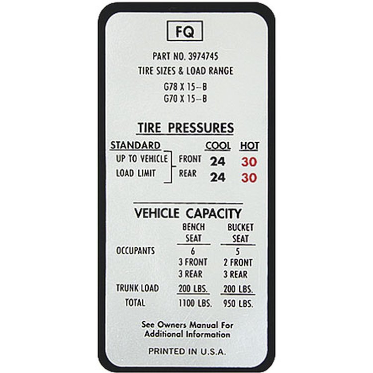Decal 70 Monte Carlo Glove Box Tire Pressure