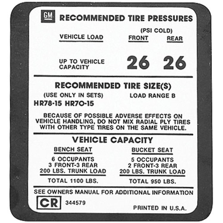 Decal 74 Monte Carlo Glove Box Tire Pressure