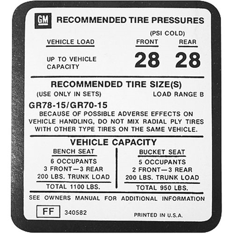 Decal 75-77 Monte Carlo Glove Box Tire Pressure