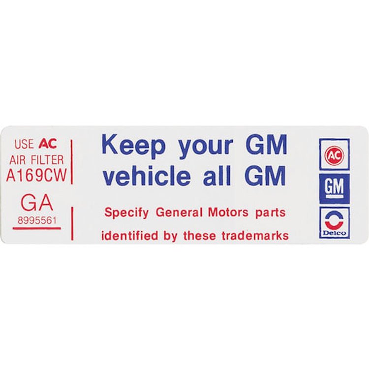 Decal 78-79 Malibu Air Cleaner 250 Keep Your GM Vehicle All GM