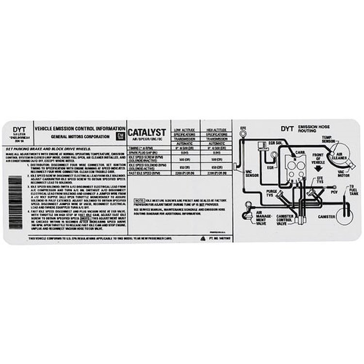 Decal 83 GM G Body Emissions 305 4bbl Auto High Low Altitude