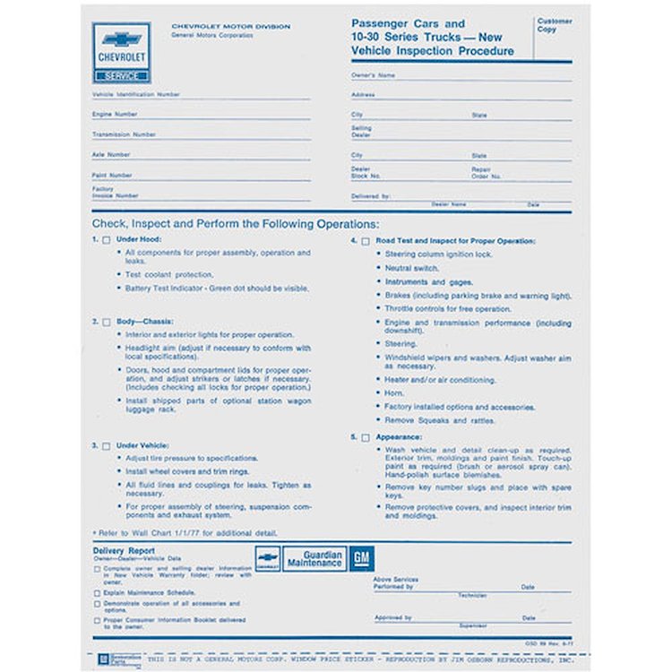 Decal 78 Malibu Monte Carlo Pre Delivery Sheet Factory New Vehicle