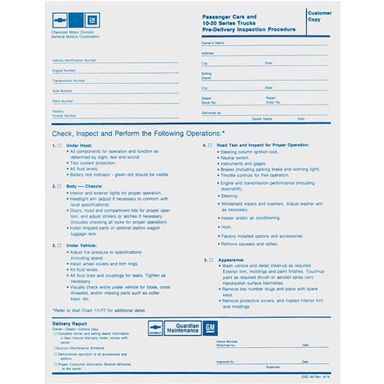 Decal 79-80 Malibu Monte Carlo Pre Delivery Sheet Factory New Vehicle