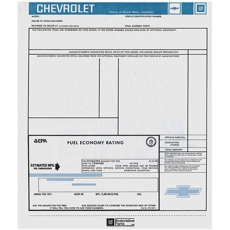 Window Sticker New Car 1984 El Camino/Monte Carlo