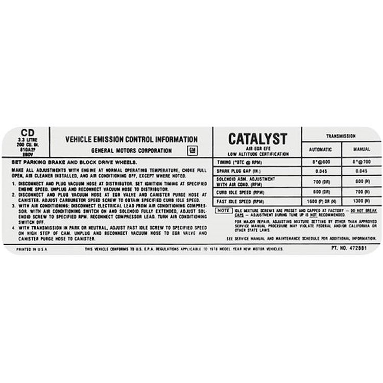 Decal 78 GM G Body Emissions 200 1bbl CD 472881