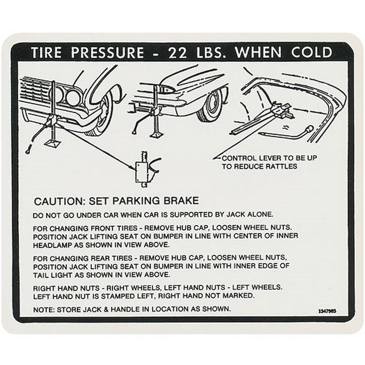 Decal 61 Special Trunk Jack Instructions Tire Pressure