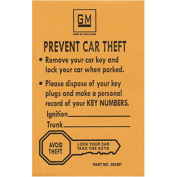 Spare Key Envelope Mustard 1966-68 GM