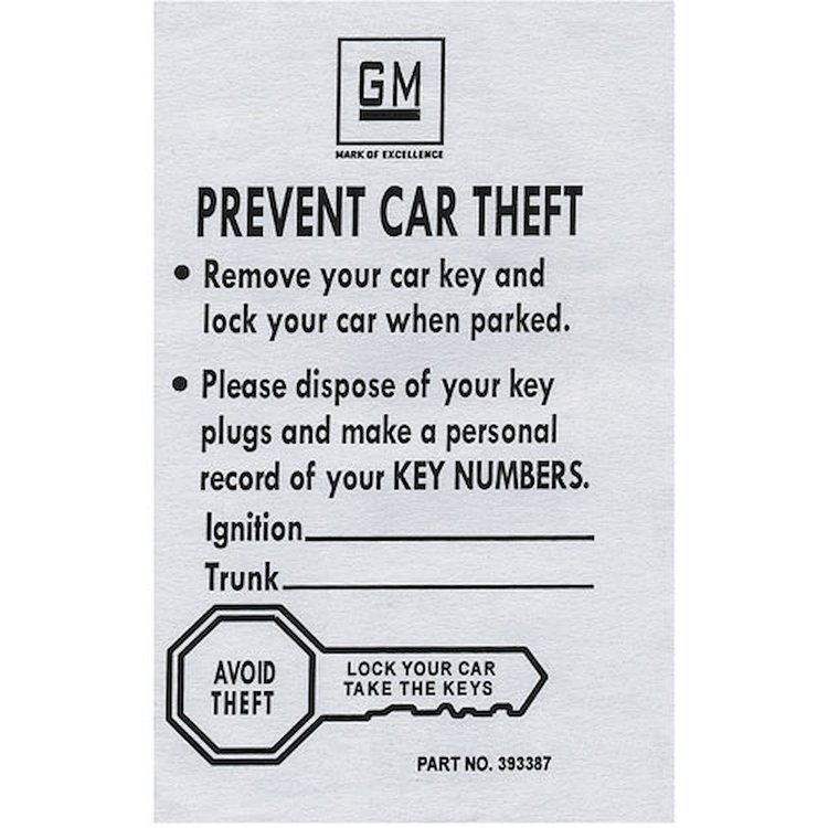 Spare Key Envelope White 1966-68 GM