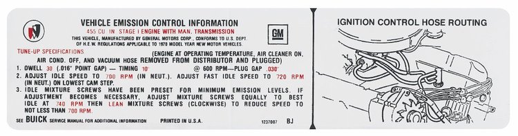Decal 70 Buick Emission 455 4bbl Stage 1 MT BJ Late