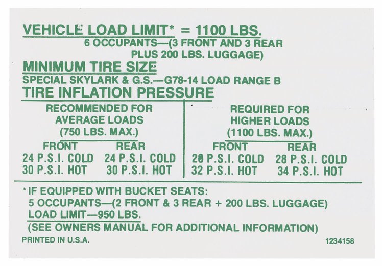 Decal 70 Skylark Tire Pressure 1234158