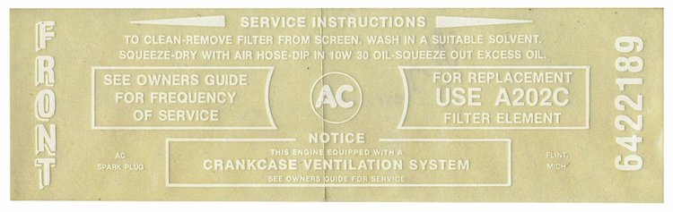 Decal 66 Buick Air Cleaner Service Instructions Wildcat 445