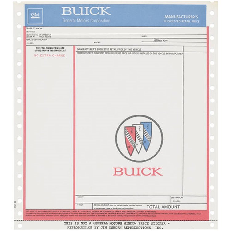 Sticker 71-74 Buick Window New Vehicle Price