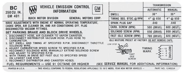 Decal 72 Buick Emission 350 4bbl BC
