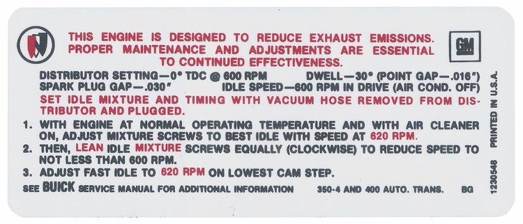 Decal 69 Buick Emission 350 400 4bbl AT BG