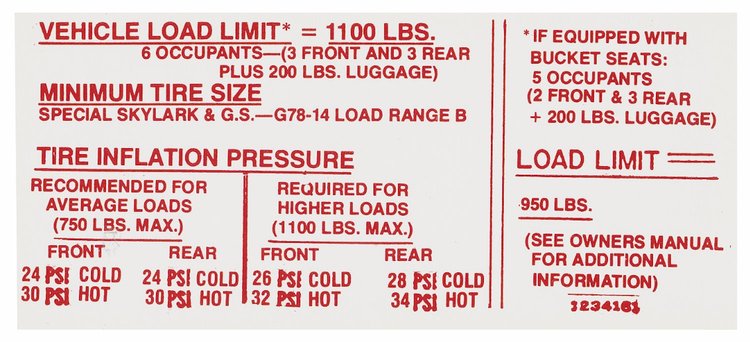 Decal 70 Skylark Tire Pressure 1234162