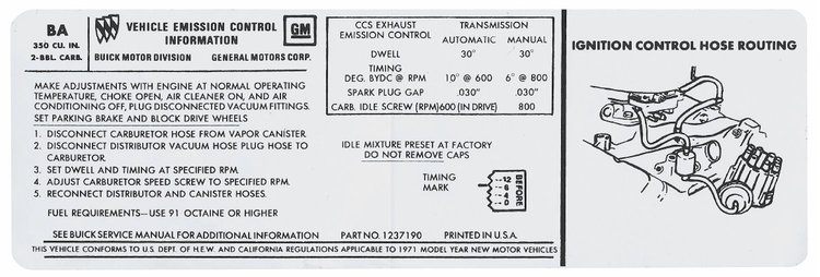 Decal 71 Buick Emission 350 2bbl BA