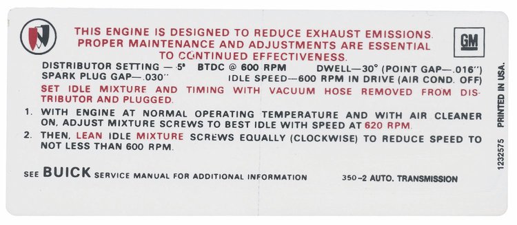 Decal 69 Buick Emission 350 2bbl AT BN