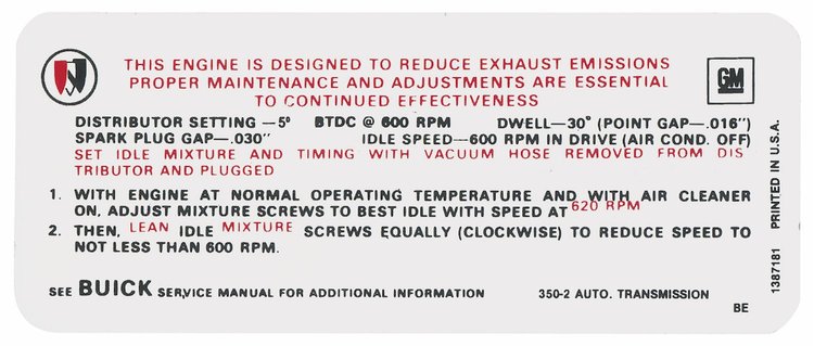 Decal 68 Buick Emission 350 2bbl AT BE