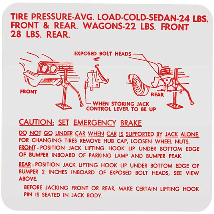 Decal 63-64 Skylark Special Trunk Jack Instructions Tire Pressure