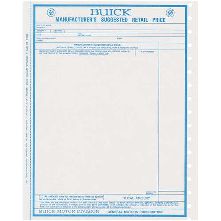 Sticker 67 Buick Window New Vehicle Price
