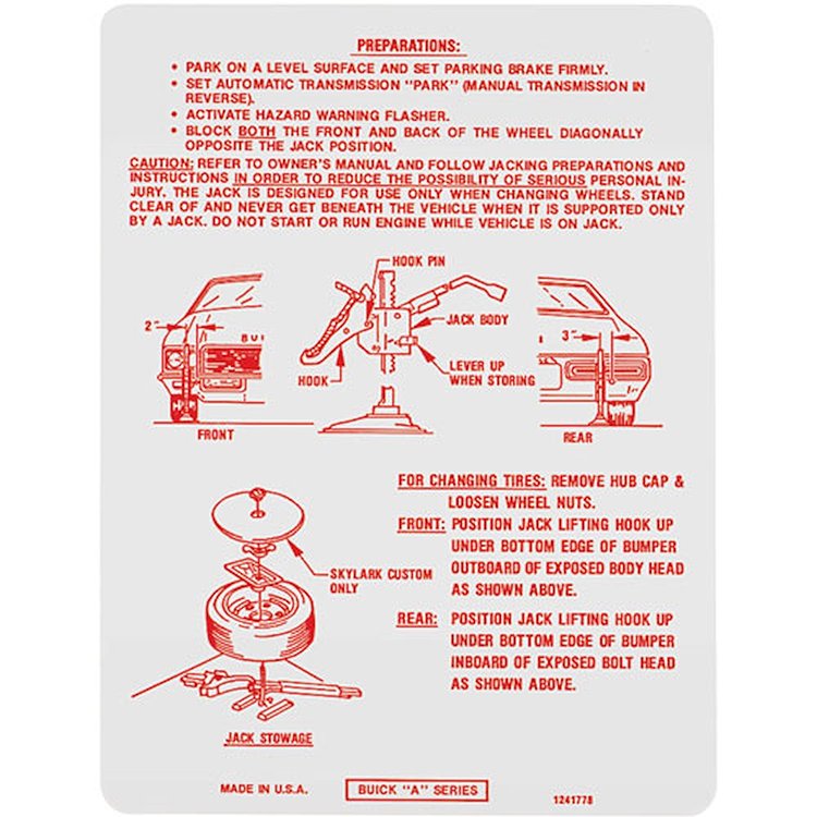 Decal 72 Skylark Special Trunk Jack Instructions