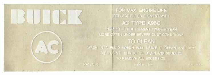 Decal 64-65 Buick Air Cleaner Service Instructions Wildcat 310 A96C