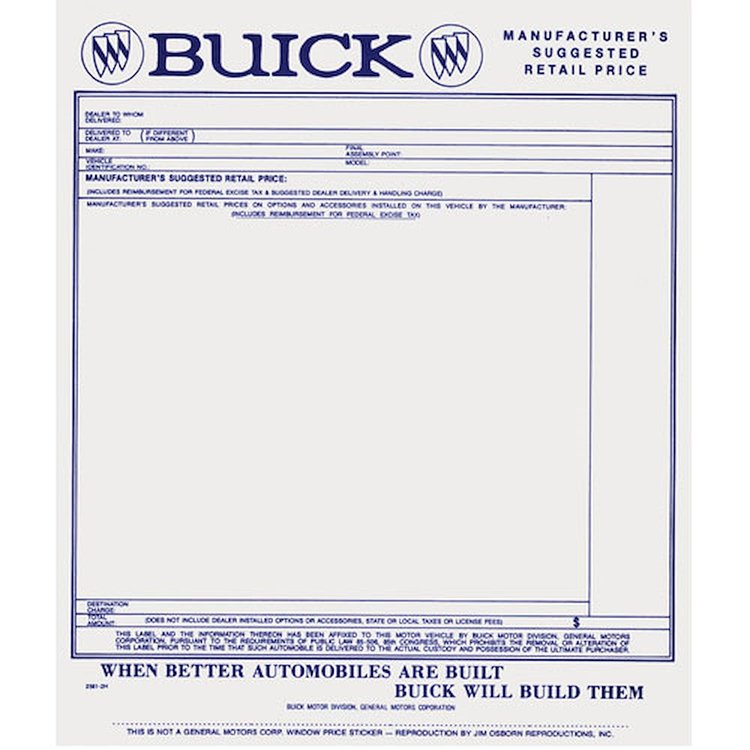 Sticker 63-64 Buick Window New Vehicle Price