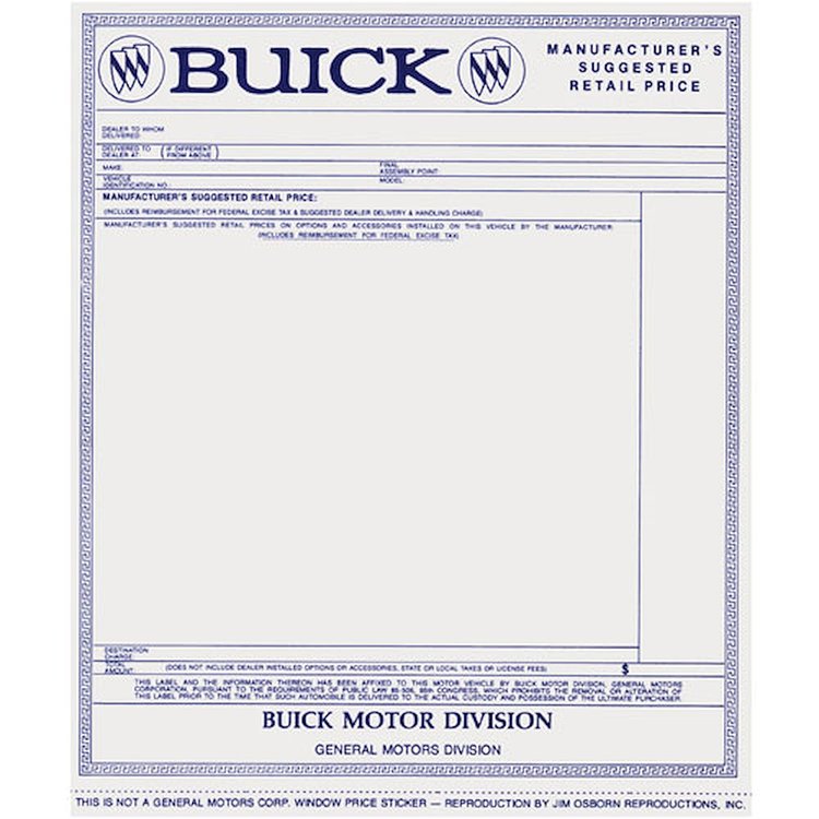 Sticker 65-66 Buick Window New Vehicle Price