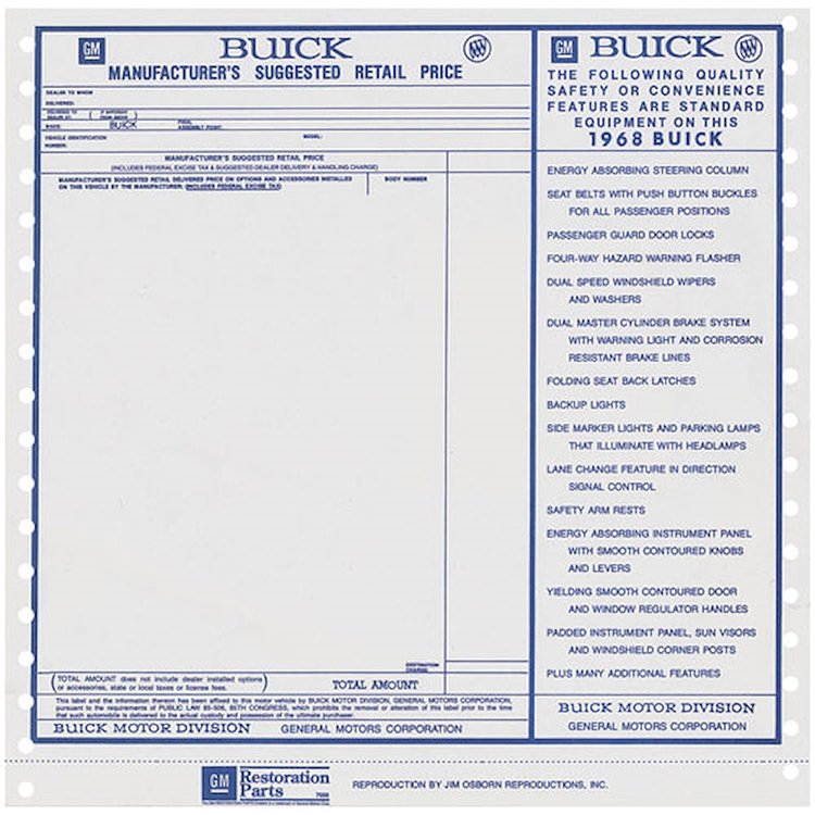 Sticker 68 Buick Window New Vehicle Price