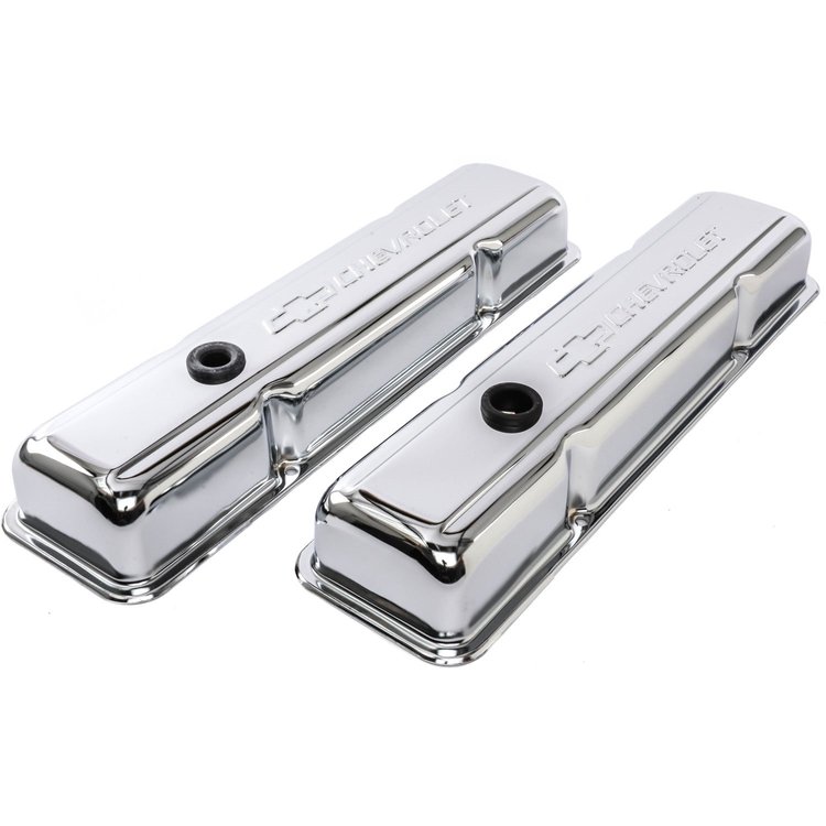 Chrome Short Valve Covers with Embossed Bowtie & Chevrolet Emblem for 1958-1986 Small Block Chevy