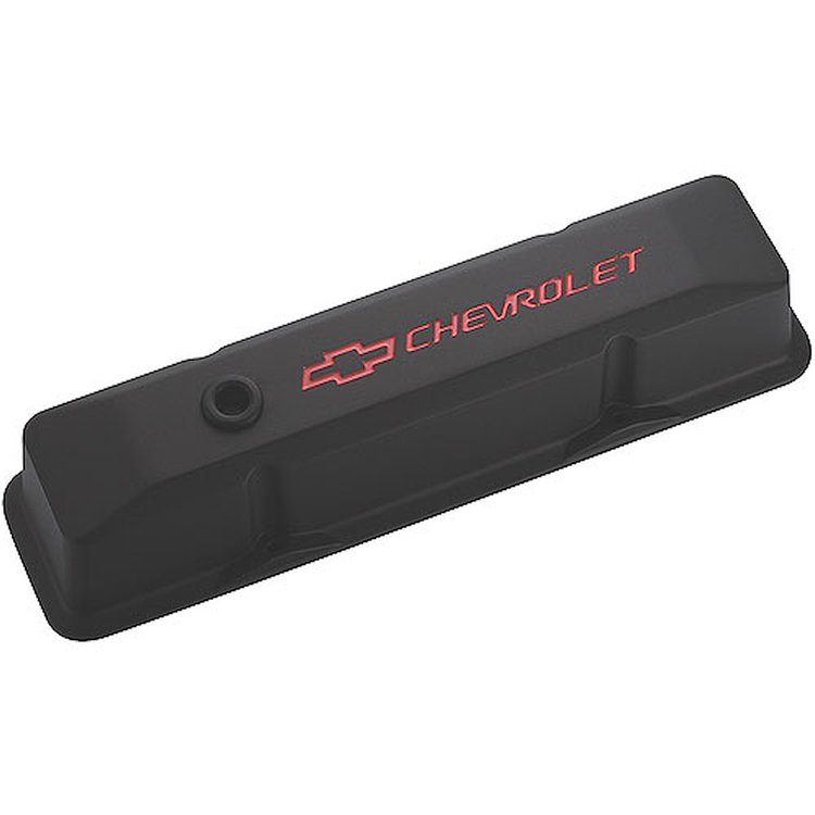 Die-Cast Aluminum Tall Valve Covers for 1958-1986 Small Block Chevy with Red Chevrolet/Bowtie Emblem in Black Crinkle Finish