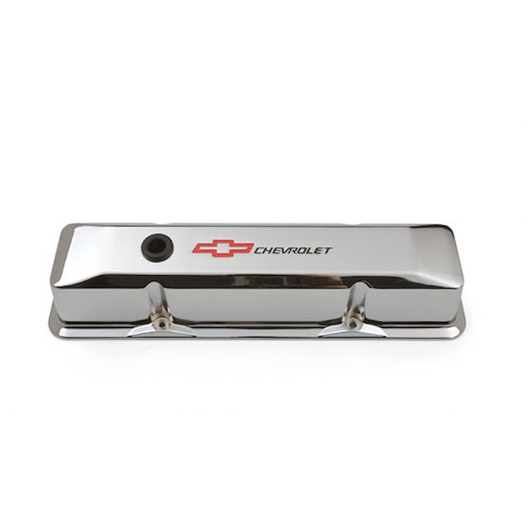 Slant-Edge Tall Stamped Aluminum Valve Covers for 1959-1986 Small Block Chevy [Chrome, Recessed Emblem]
