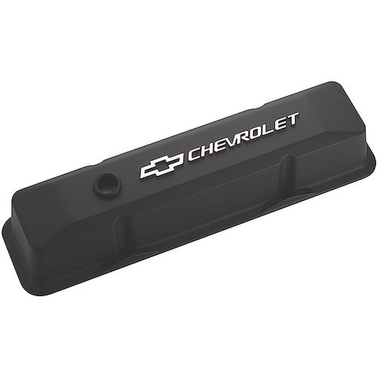 Die-Cast Aluminum Tall Valve Covers for 1958-1986 Small Block Chevy with Silver Chevrolet/Bowtie Emblem in Black Crinkle Finish