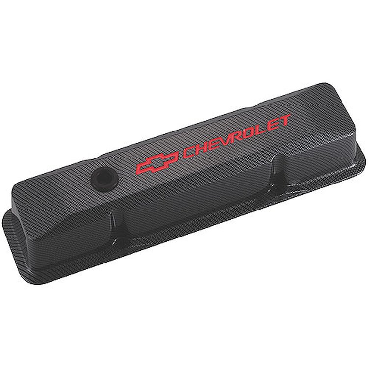 Die-Cast Aluminum Tall Valve Covers for 1958-1986 Small Block Chevy with Red Chevrolet/Bowtie Emblem in Carbon Style Finish