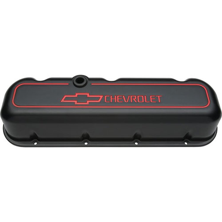 Die-Cast Aluminum Tall Valve Covers for 1965-1996 Big Block Chevy with Chevrolet/Bowtie Recessed Emblem in Black Crinkle Finish